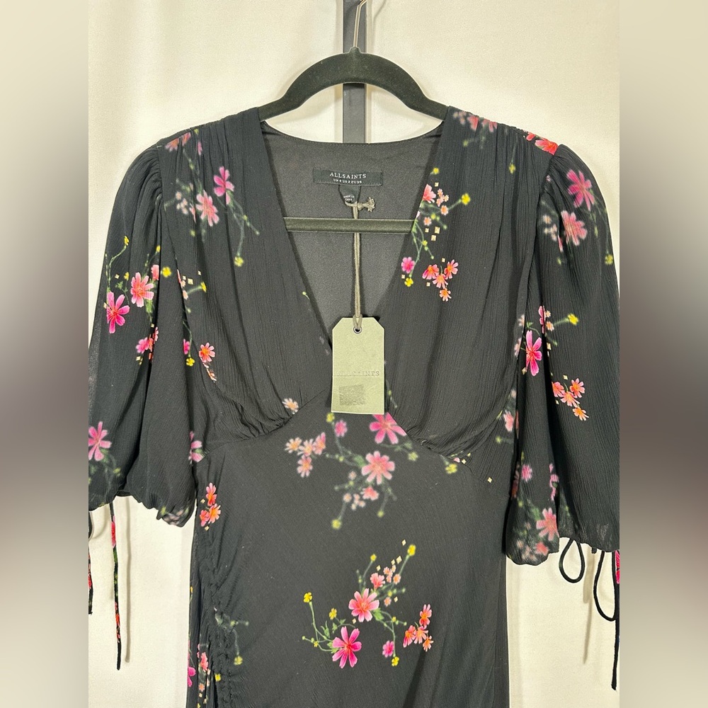 NWT All Saints Safiya Solanio Floral Print V-Neck Ruched Midi Dress US Size 2 - Picture 6 of 12